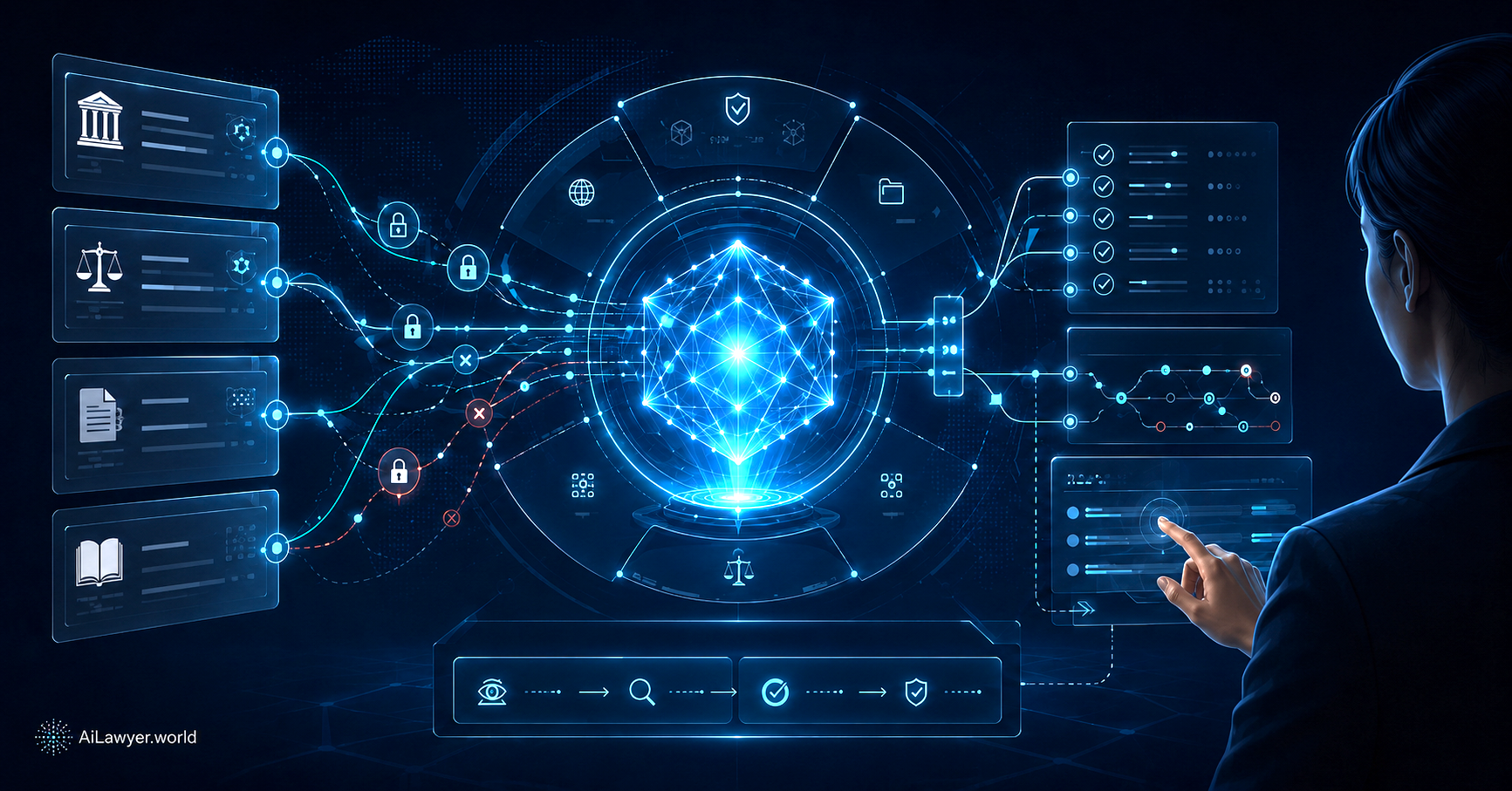 AiLawyer.world illustration of Legal AI moving from fluent generation toward verifiable systems with legal sources, provenance, boundaries, verification, and human oversight.